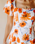 White & Orange Poppy Blooms Mini Dress
