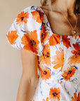 White & Orange Poppy Blooms Mini Dress