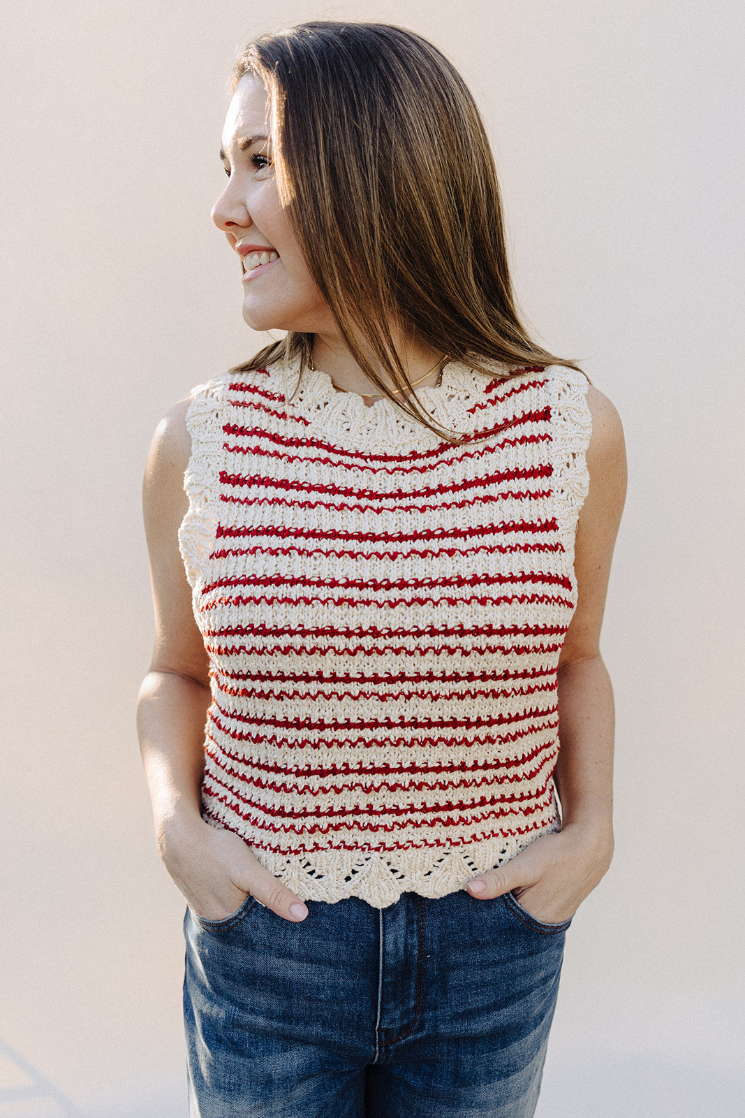 White &amp; Red Striped Megan Vest