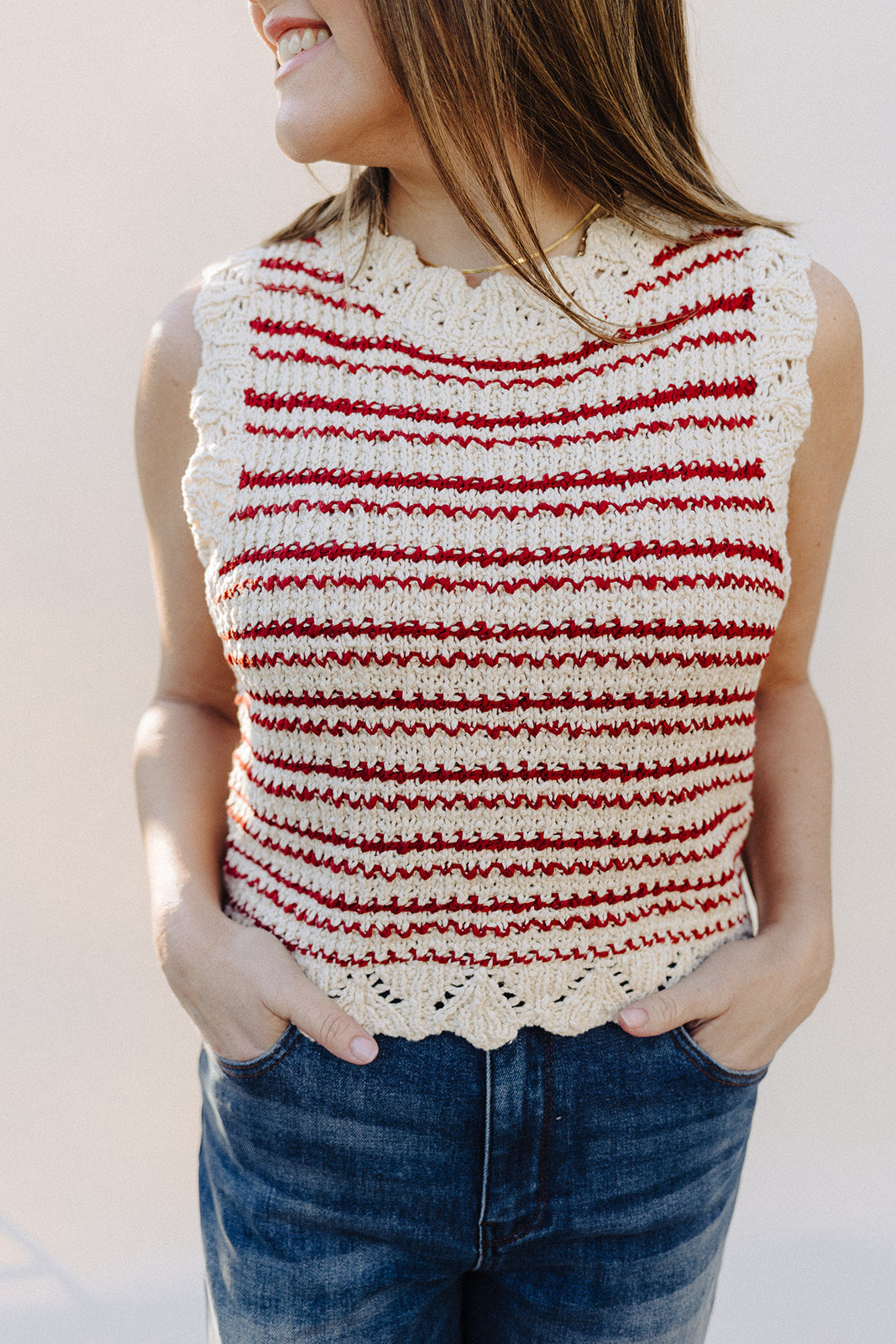 White &amp; Red Striped Megan Vest