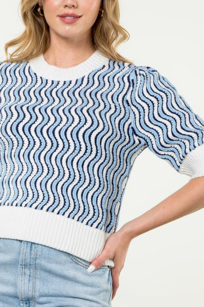 Blue Wavy Crew Sweater Top