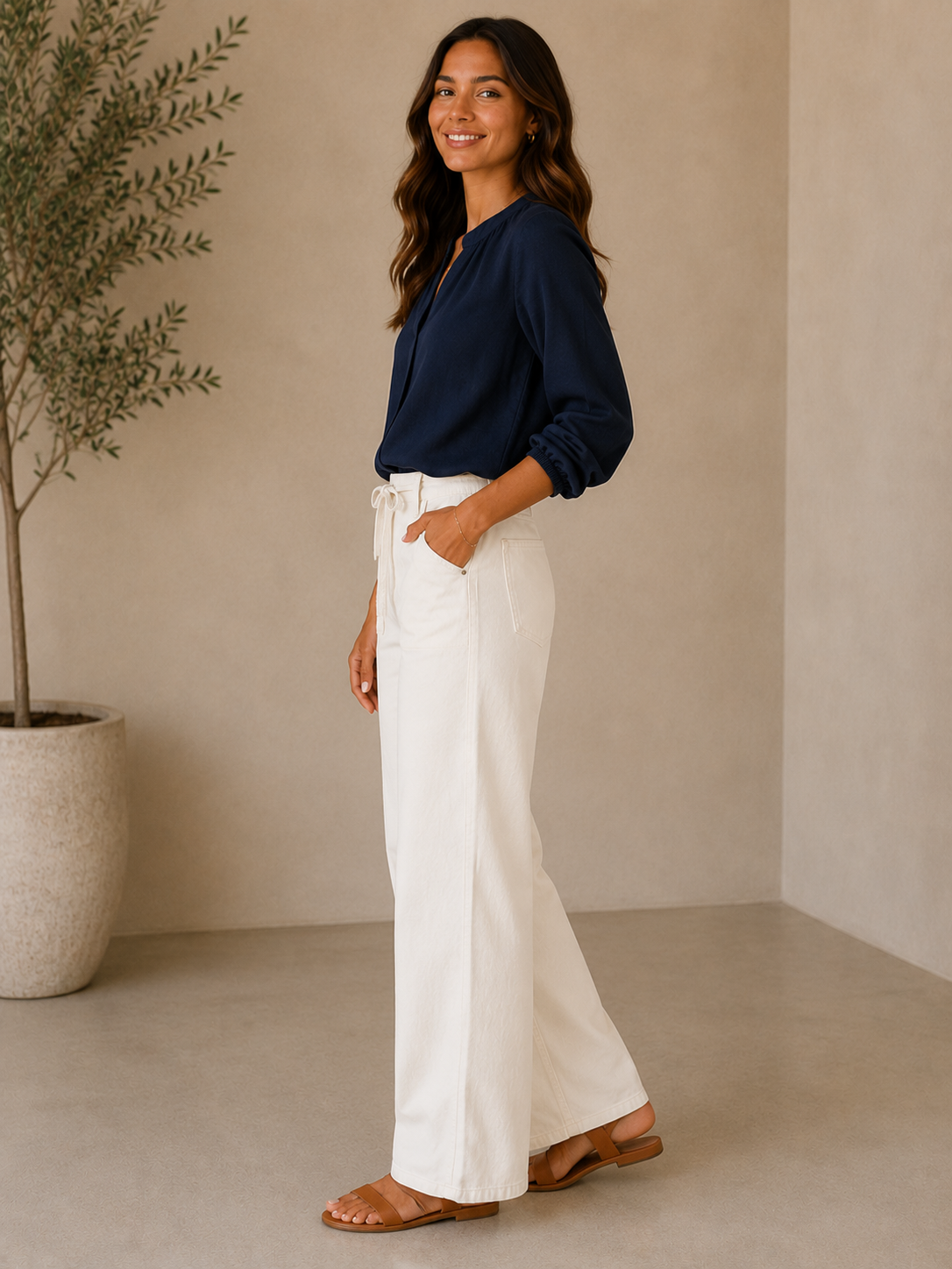 Off White Lightweight Drawstring Wide Leg