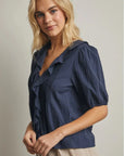 Indigo Cotton Ruffled Blouse