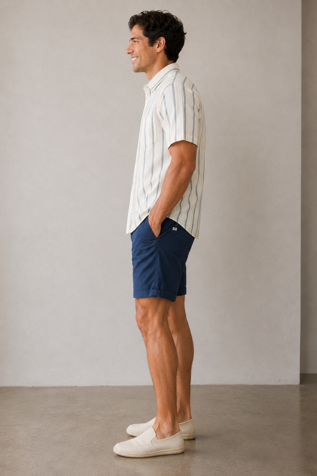 Natural &amp; Navy Stripe Classic Stretch Selvage Shirt
