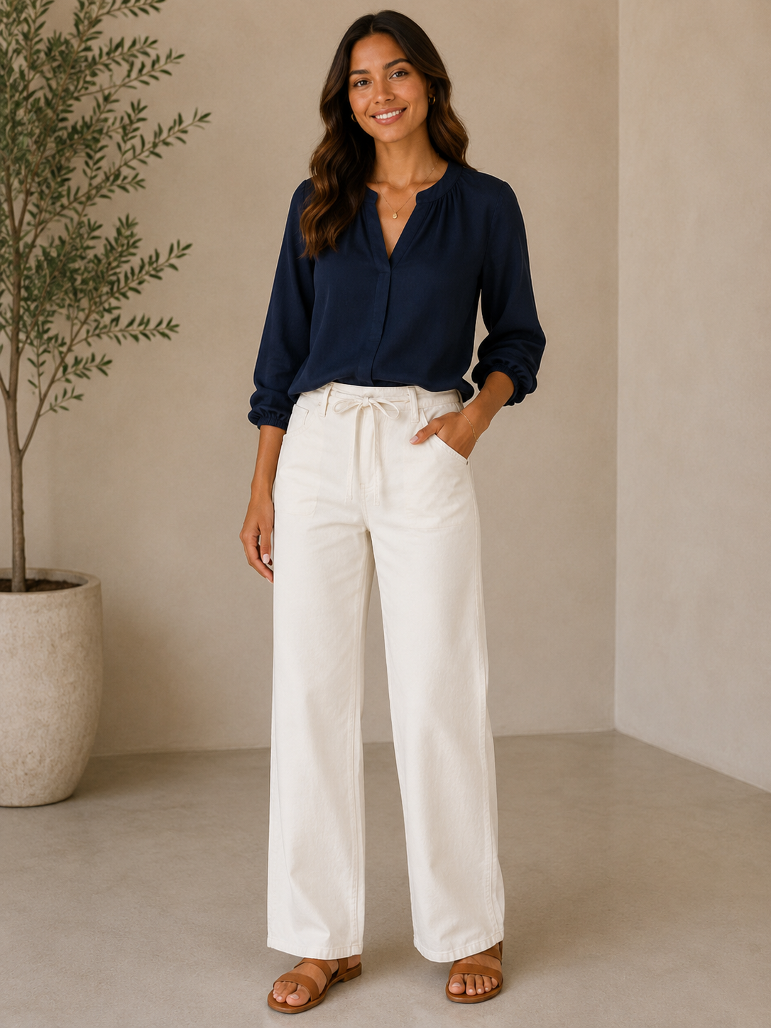 Off White Lightweight Drawstring Wide Leg