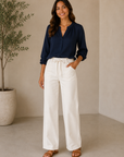 Off White Lightweight Drawstring Wide Leg