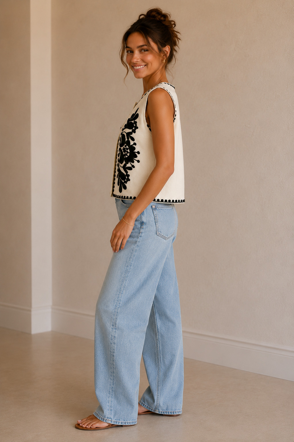 Ivory &amp; Black Embroidered Sleeveless Knitted Vest Top - TK-4882-H