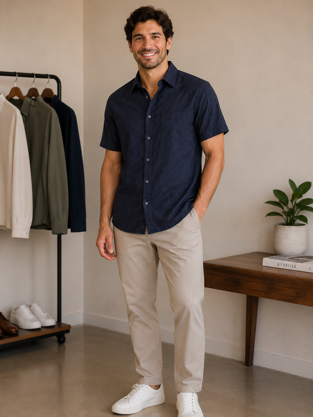 Navy Oasis Linen Botanical Shirt