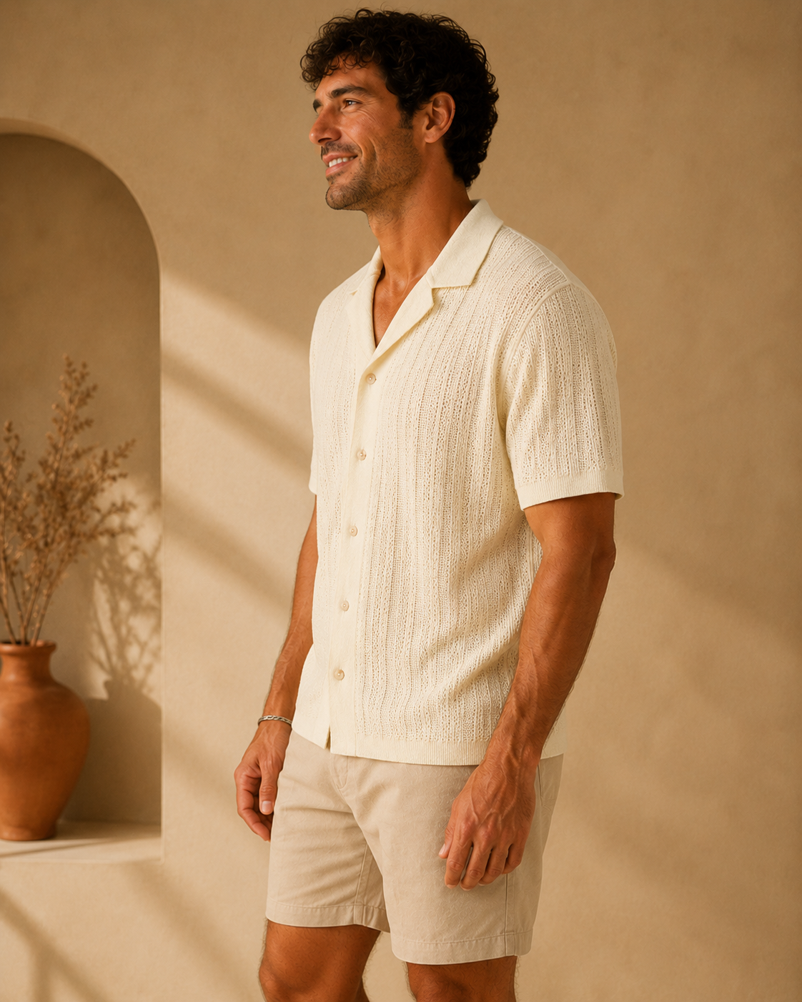 Ivory Robles Textured Knit Camp Button Up