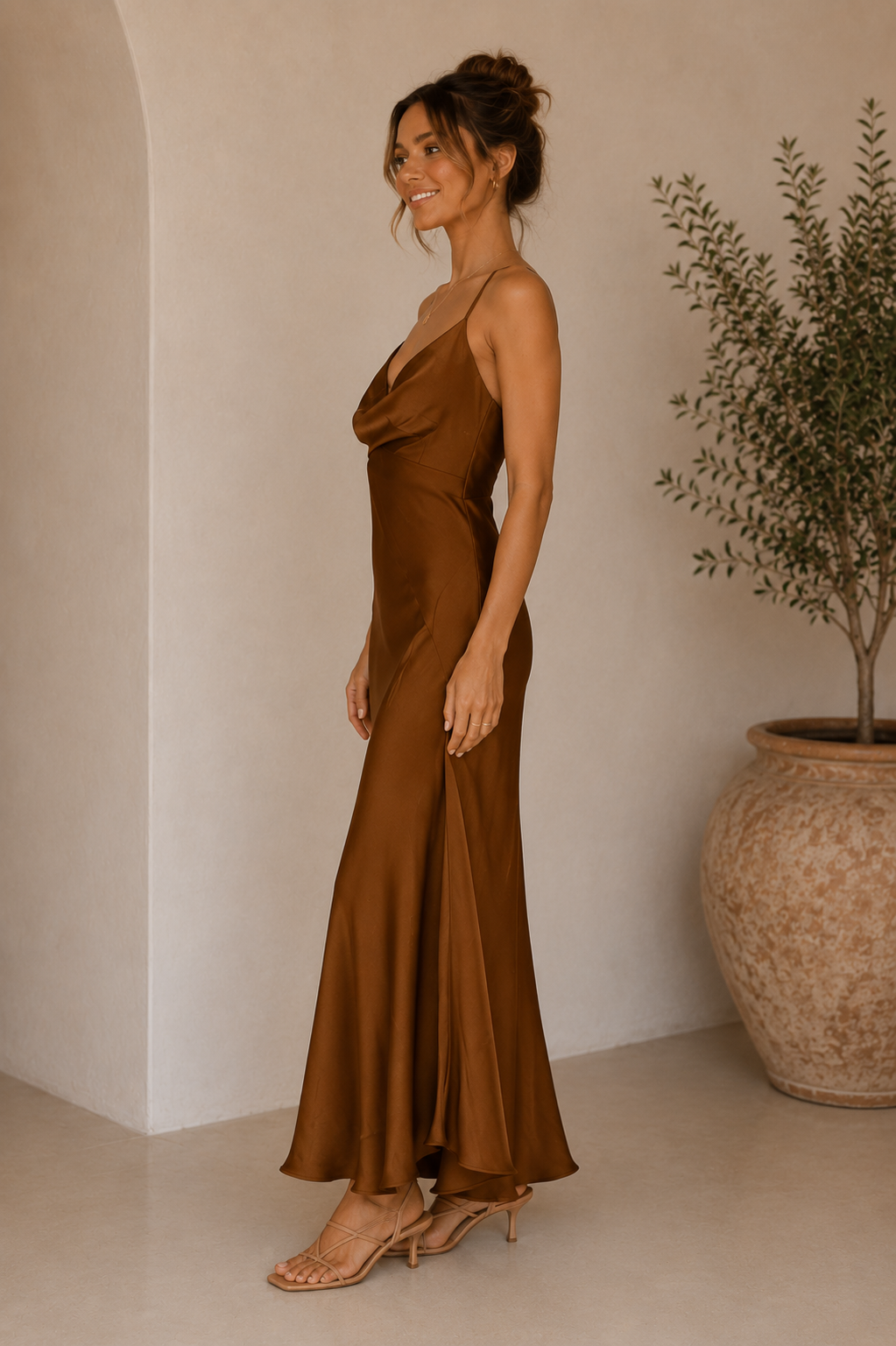 Camel Etta Satin Cross Back Maxi Dress