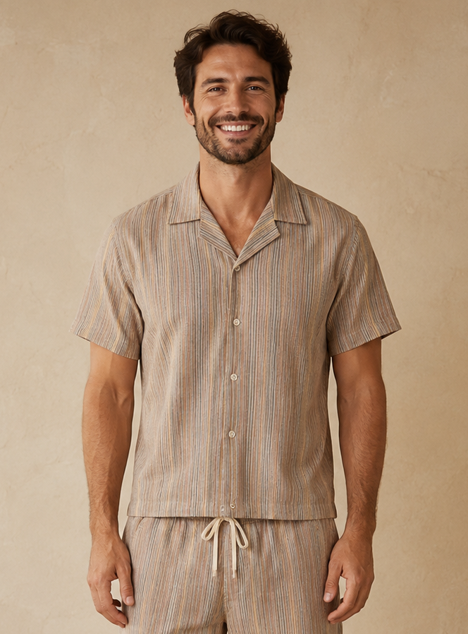 Verve Tan Striped Camp Shirt