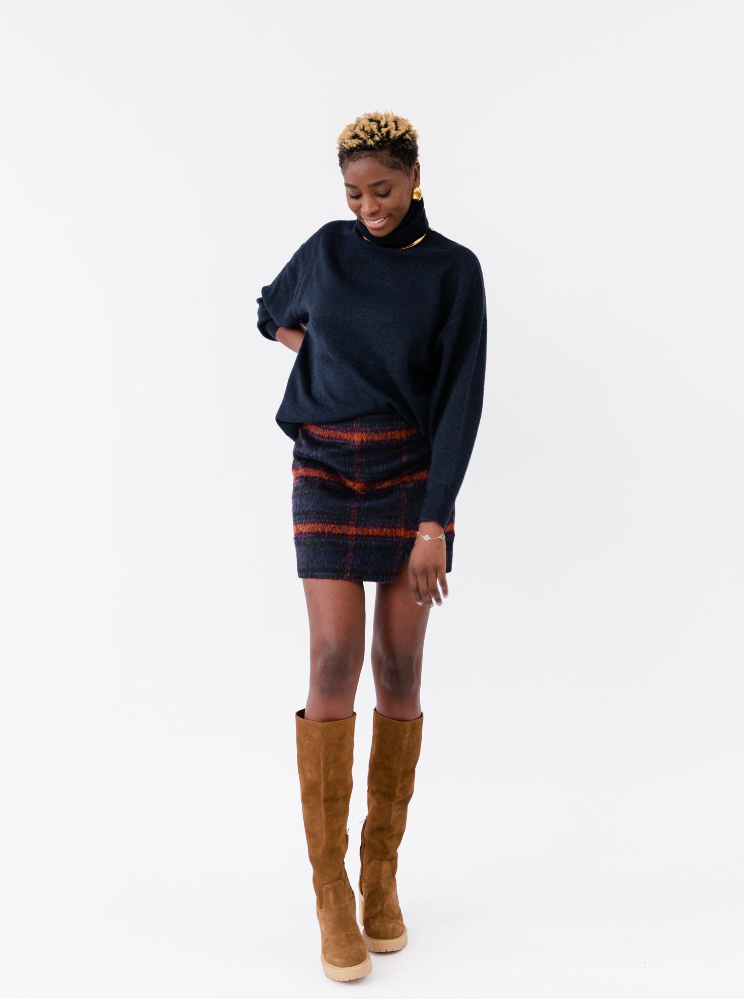 Navy plaid cheap mini skirt