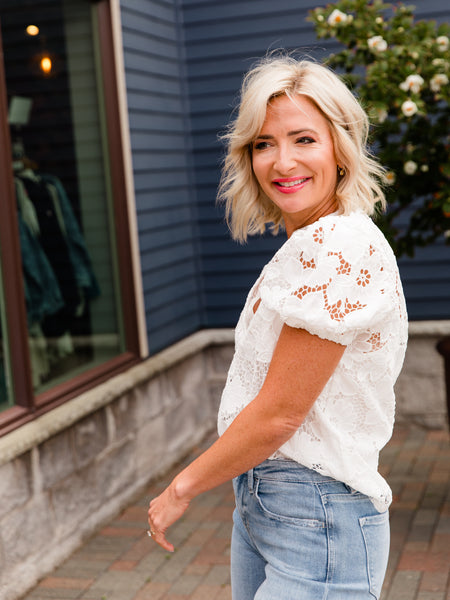 White Split Neck Floral Lace Blouse