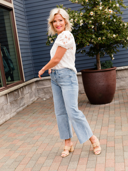 White Split Neck Floral Lace Blouse