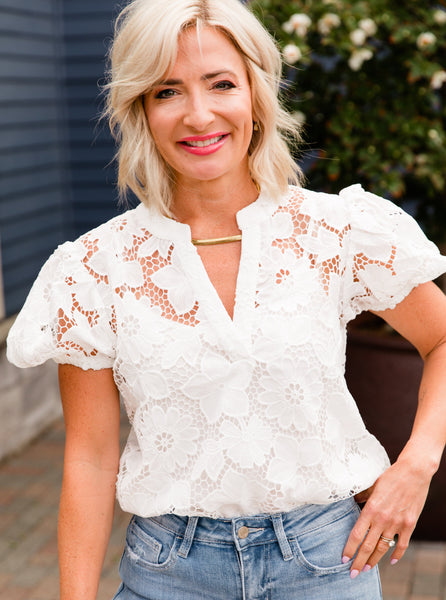 White Split Neck Floral Lace Blouse