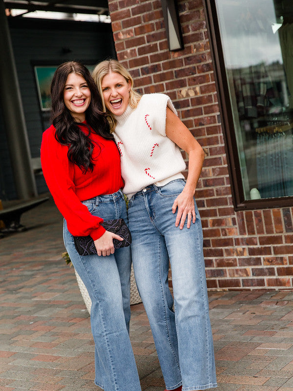 Red Ribbed Pointelle Sweater