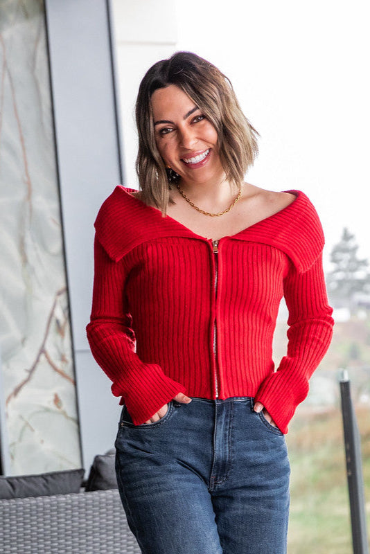 Red Elowen Zip Cardigan