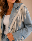 Light Wash Fringed Cropped Denim Jacket