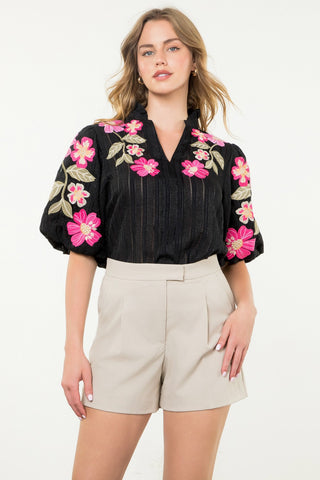 Black Floral Embroidered Amber Top