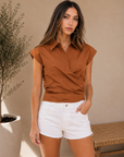 Camel Eloise Wrap Front Extended Shoulder Poplin Top