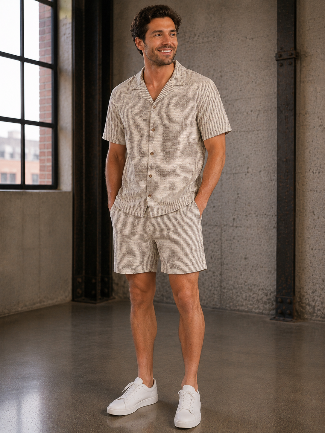 Natural &amp; Brown Check Dobby Resort Shirt