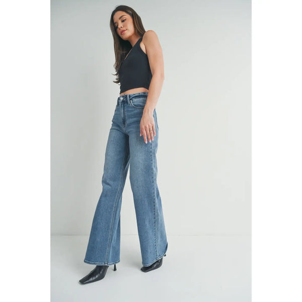 Medium Denim High Rise Palazzo Wide Leg