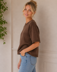 Chocolate Brown Raw Edge Sweater Knit Top