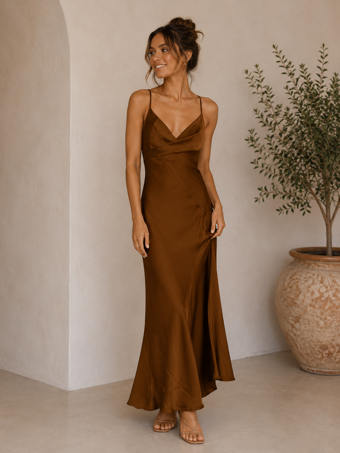 Camel Etta Satin Cross Back Maxi Dress