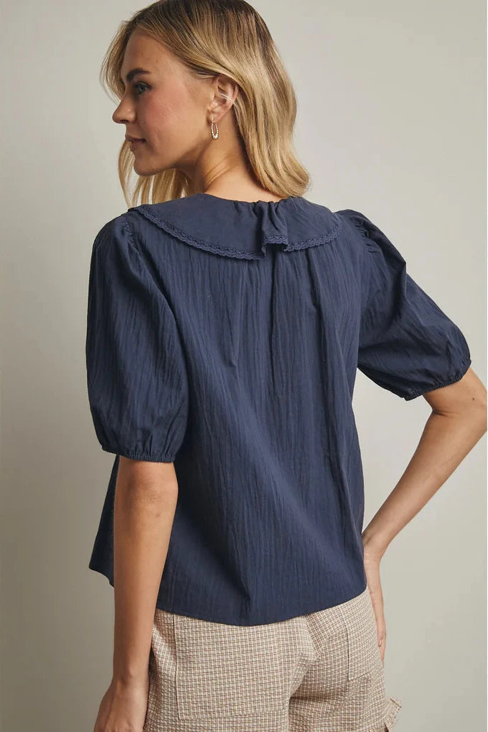 Indigo Cotton Ruffled Blouse