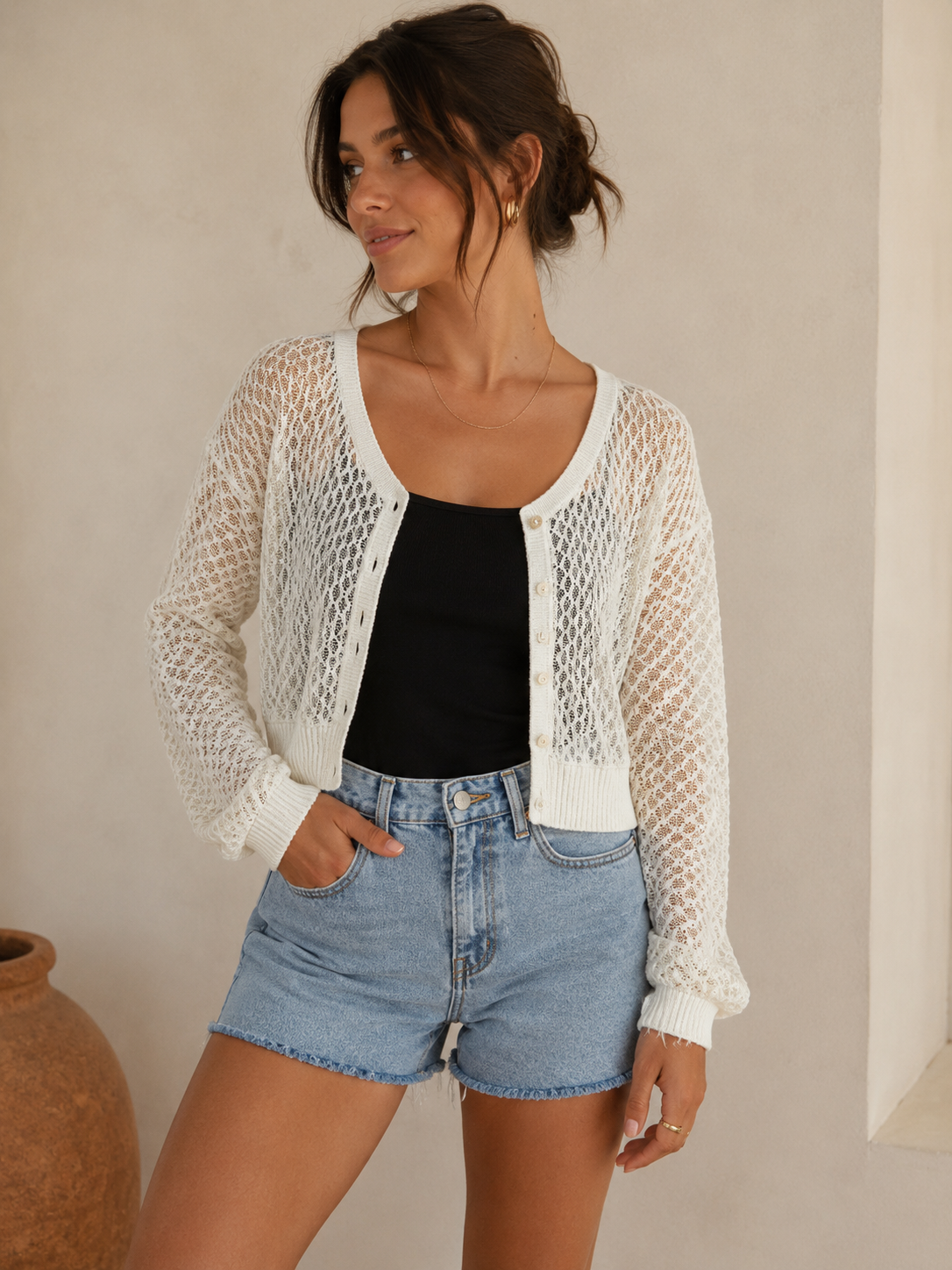 Clean Ivory Maris Fine Gauge Cardigan