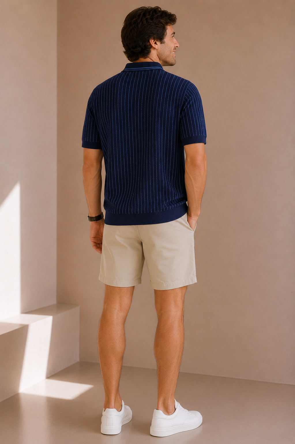 Navy Blue Stripe Terry Cotton Hudson Sweater Polo