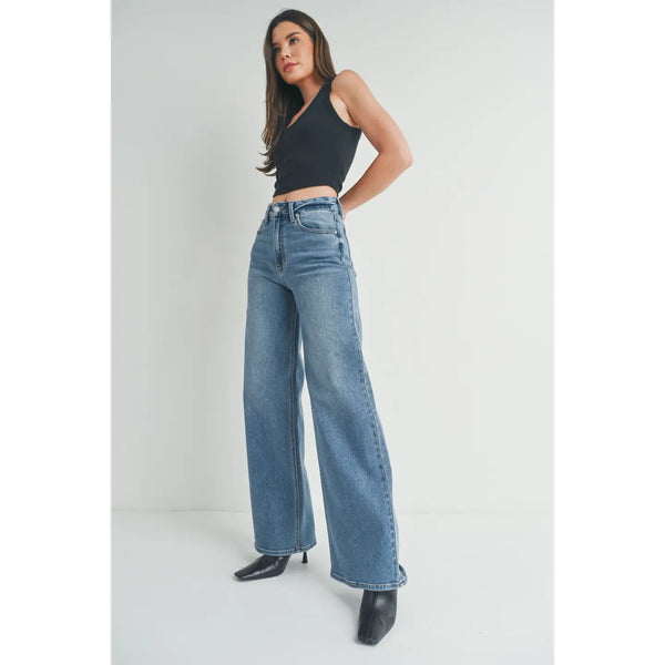 Medium Denim High Rise Palazzo Wide Leg