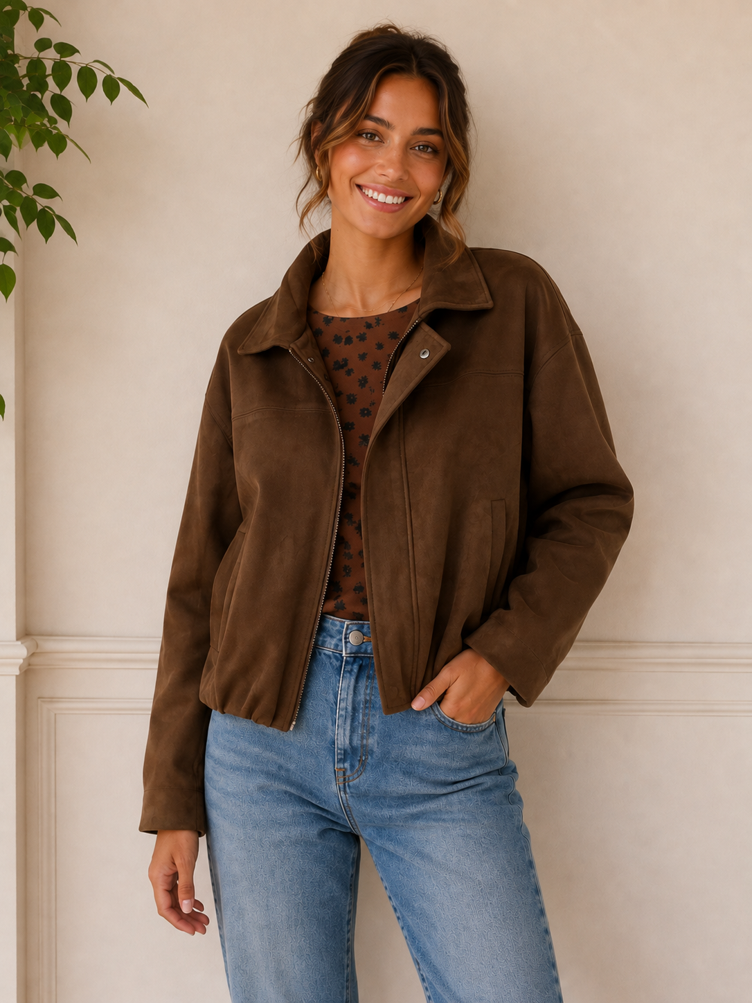 Chocolate Brown Faux Suede Bubble Jacket