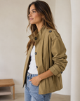 Dark Olive High Neck Pleated Twill Woven Jacket