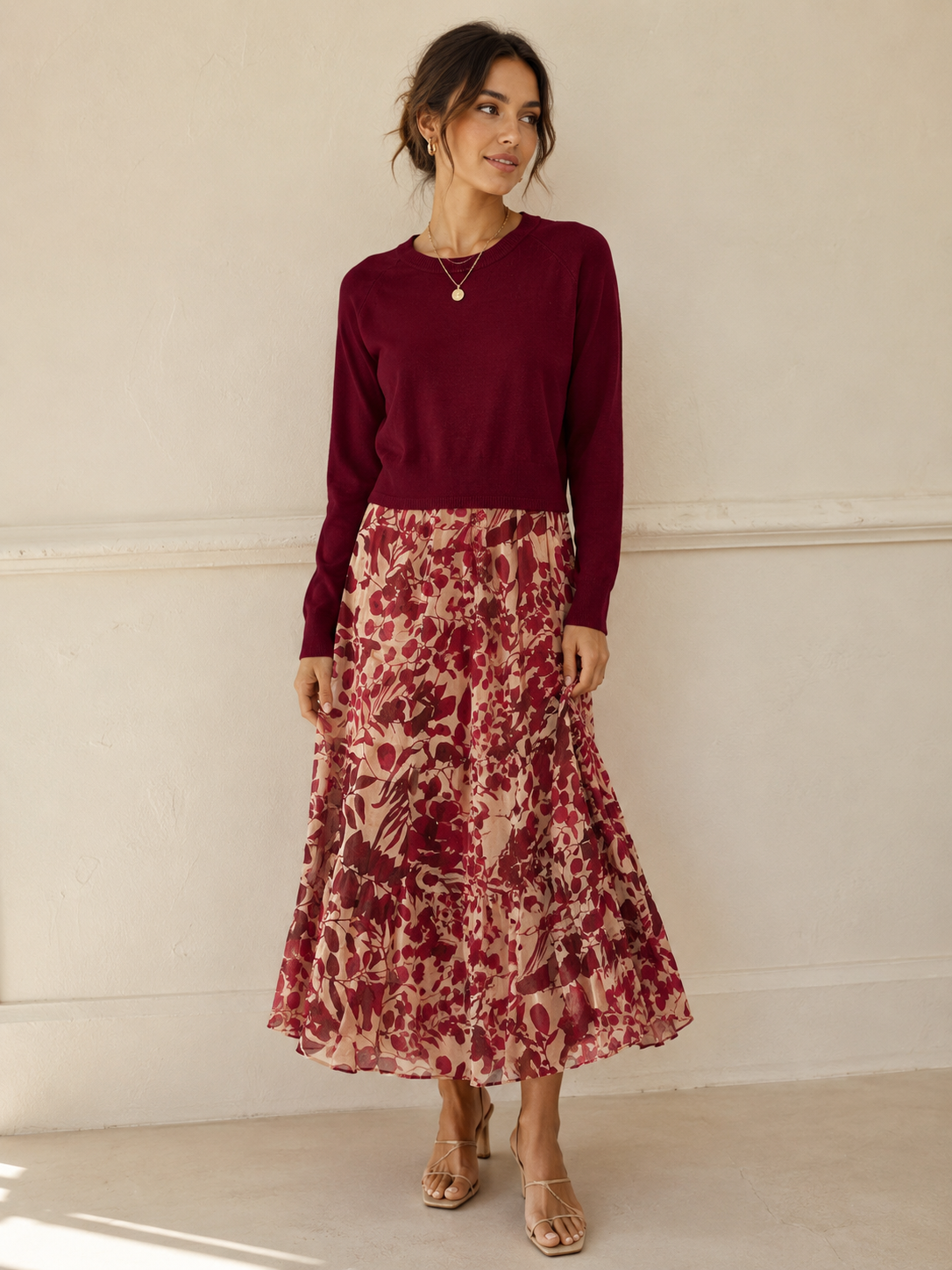 Burgundy Mixed Media Maxi Dress
