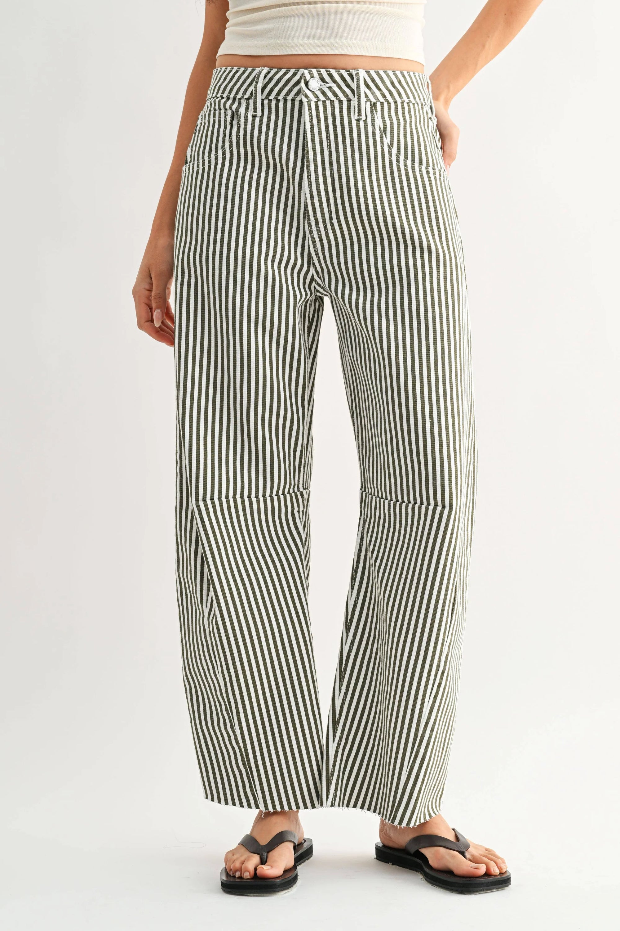 Olive Stripe Barrel Jean With Seams - BP473J