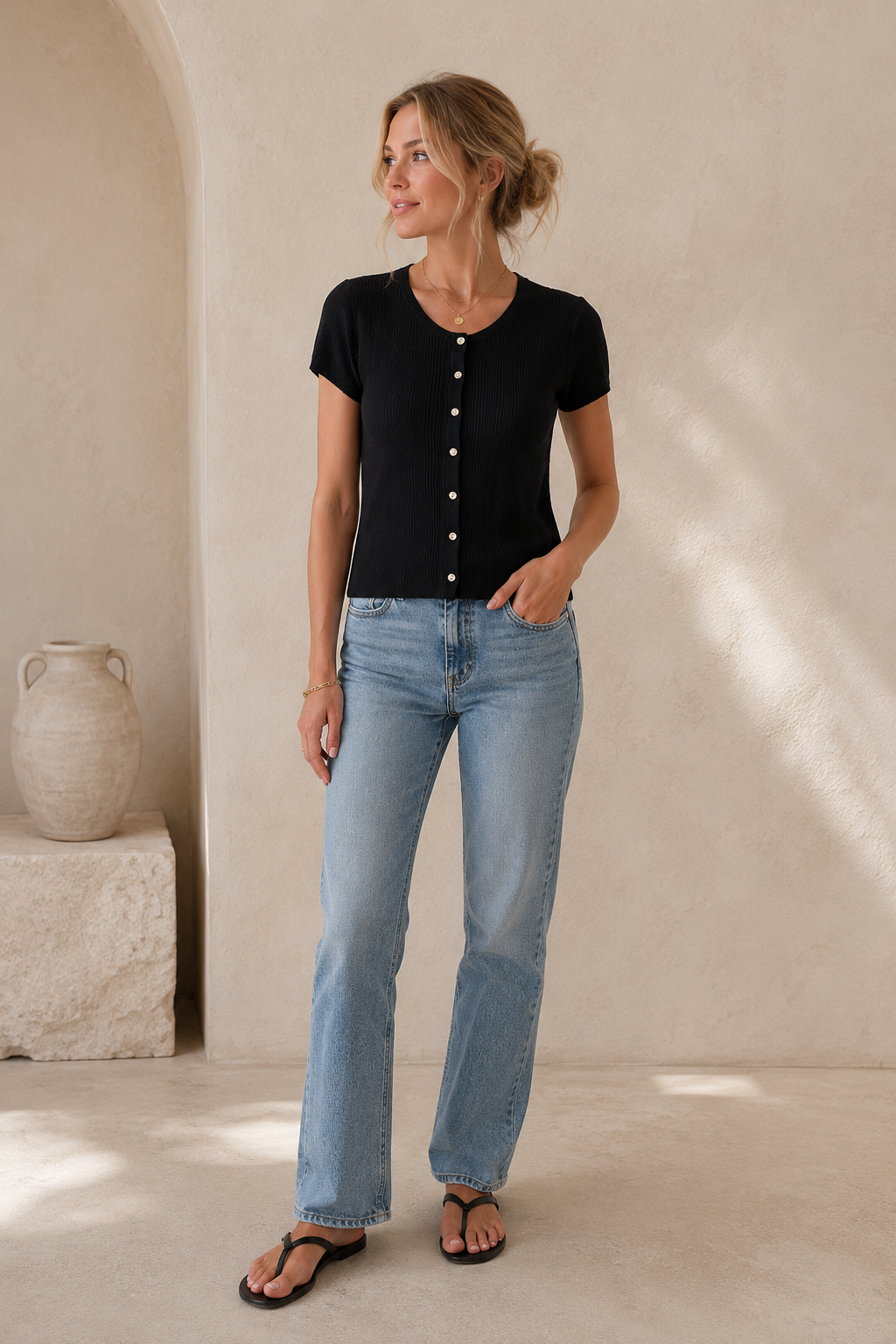 Black Soft Focus Ribbed Top