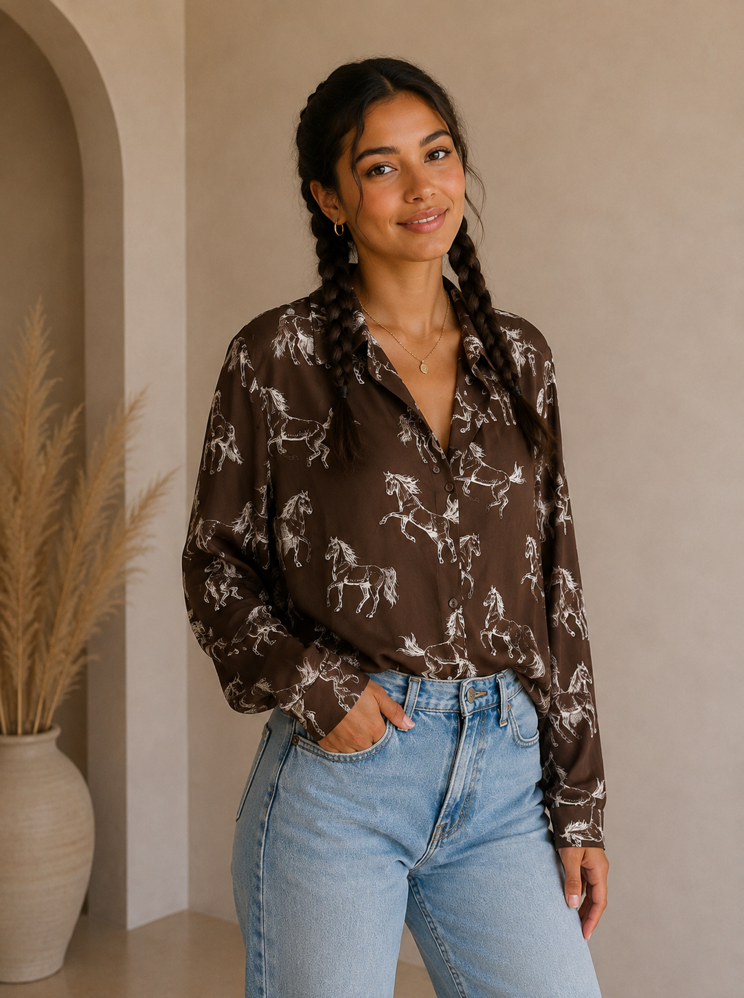Brown &amp; Cream Pony Blouse