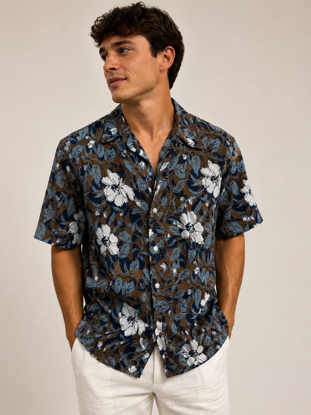 Brown Linen Floral Montauk Short Sleeve Shirt
