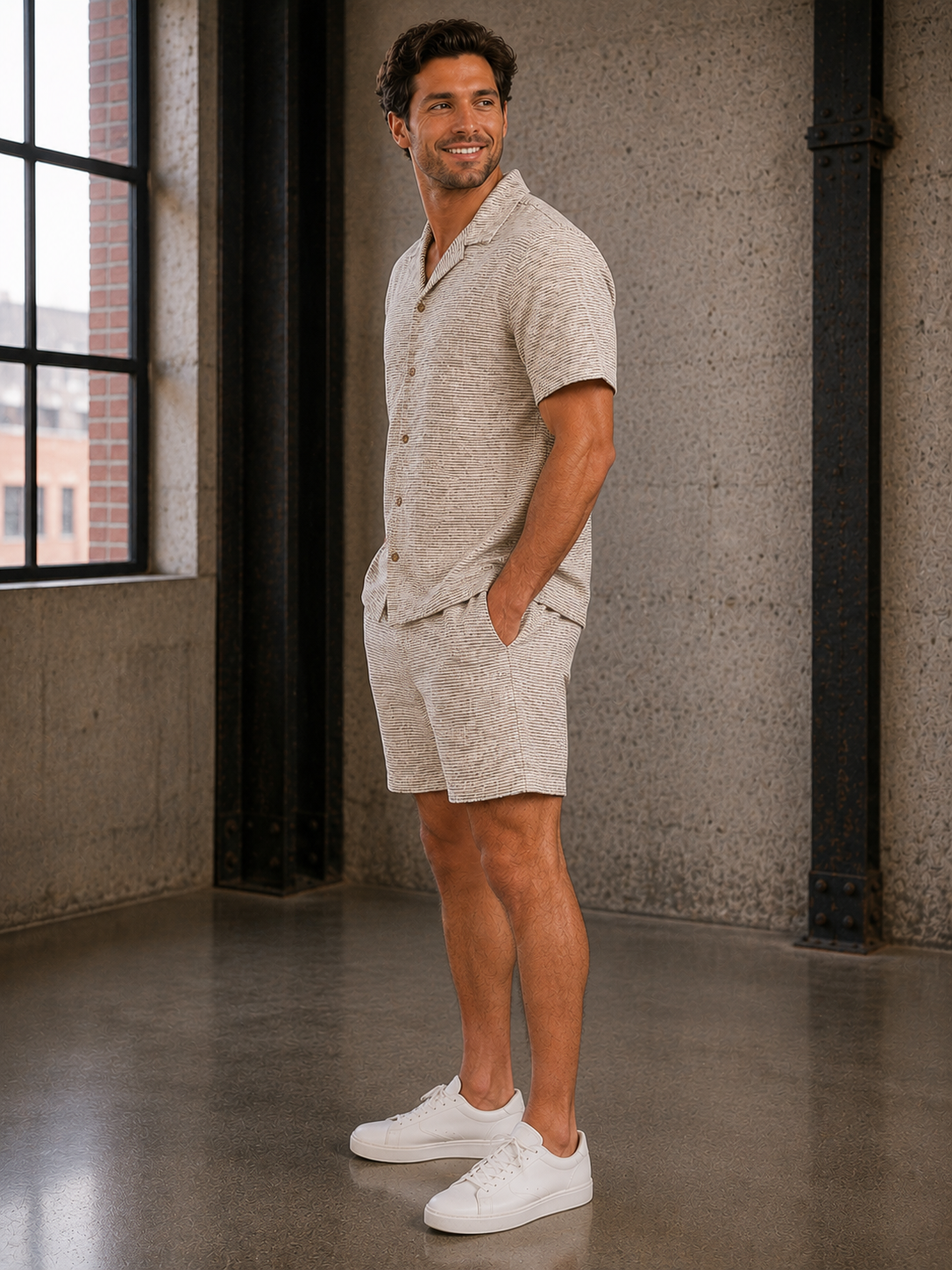 Natural &amp; Brown Check Dobby Resort Shirt
