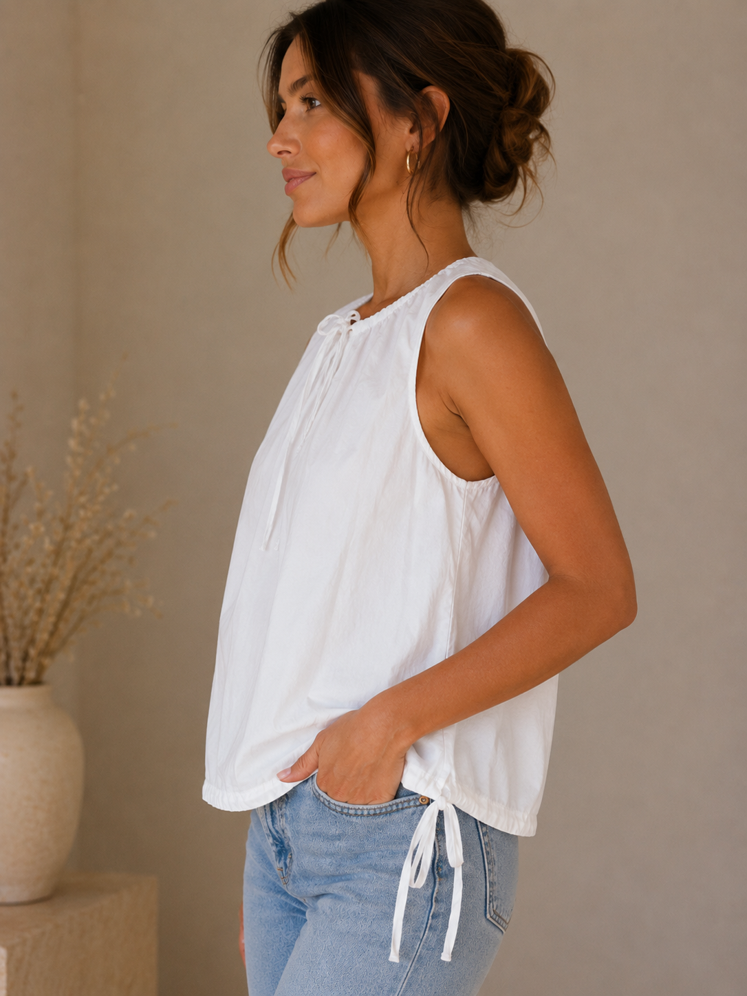 White Lara Shirred Neck Top