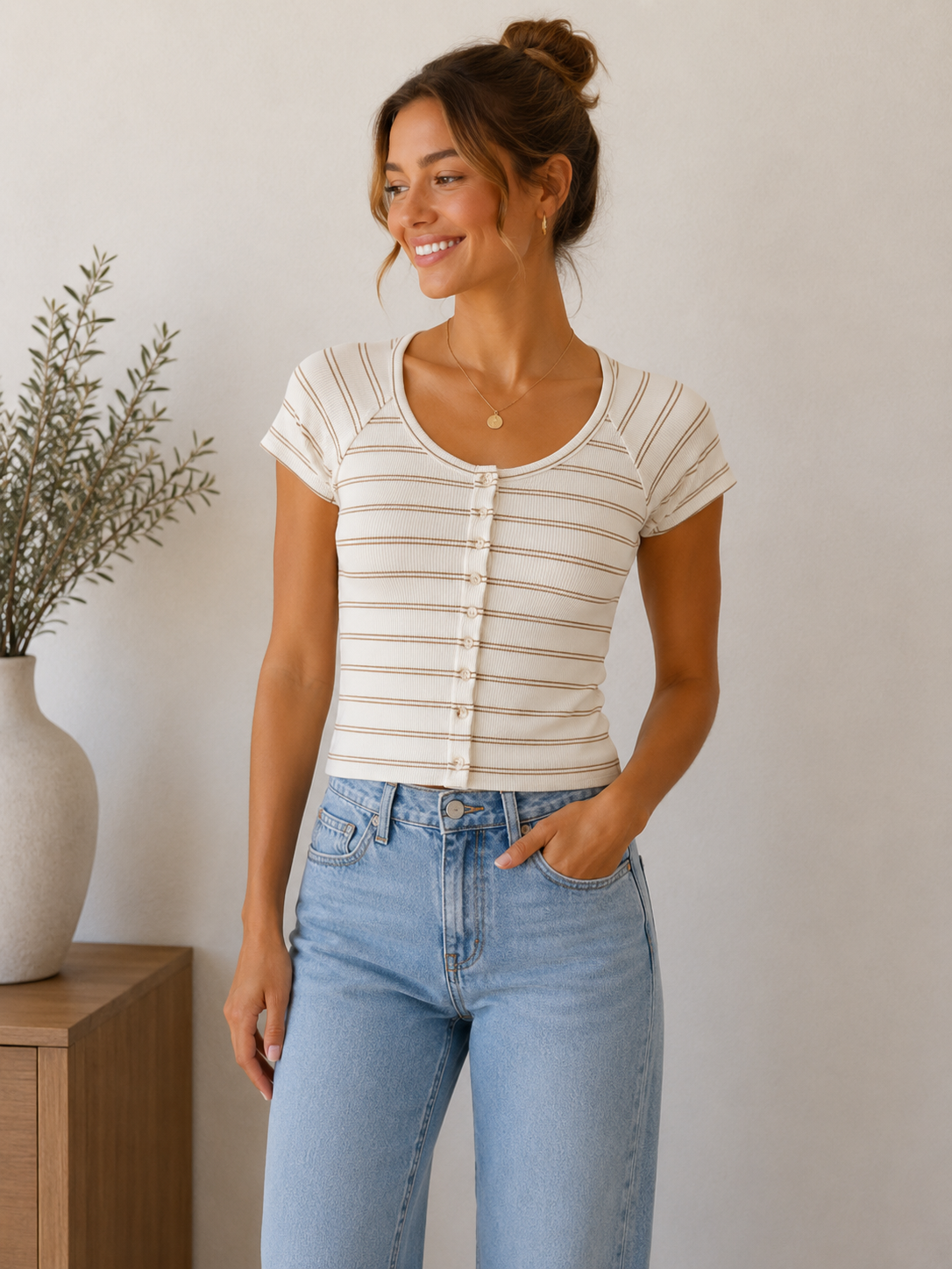 Taupe &amp; White Adina Top