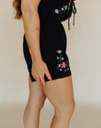 Black Floral Embroidery Bae Shorts