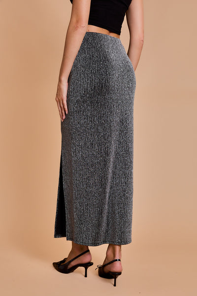 Black & Silver Elastic Waist Slit Maxi Skirt