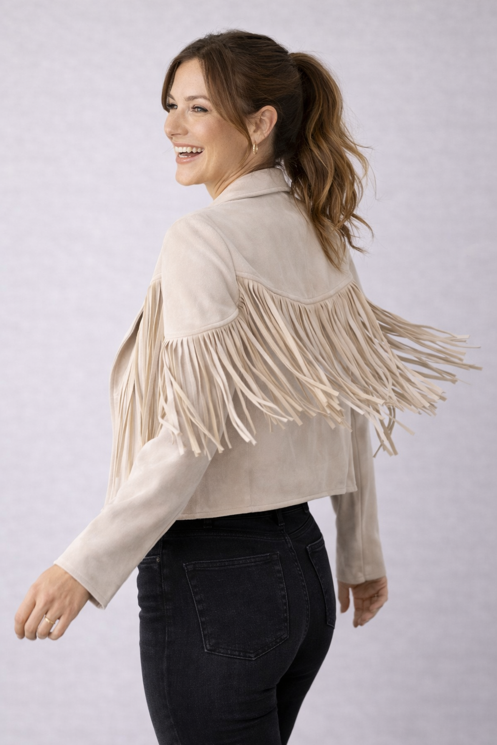 Cream Fringe Suedette Moto Jacket