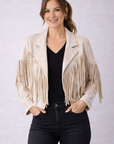 Cream Fringe Suedette Moto Jacket