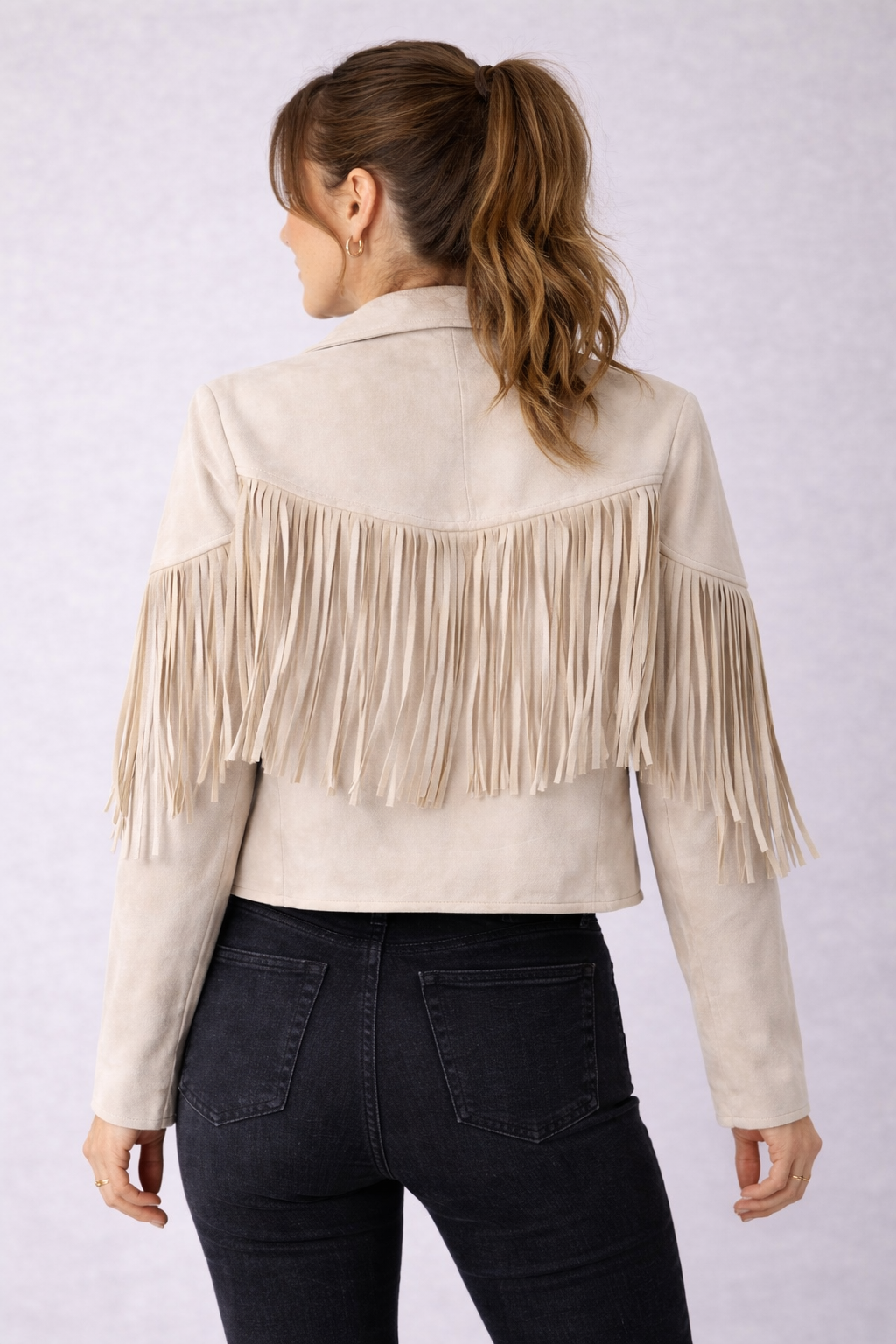Cream Fringe Suedette Moto Jacket