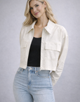 Ivory Linen Zip Up Flap Pocket Cropped Shacket