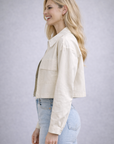 Ivory Linen Zip Up Flap Pocket Cropped Shacket