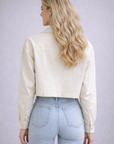 Ivory Linen Zip Up Flap Pocket Cropped Shacket